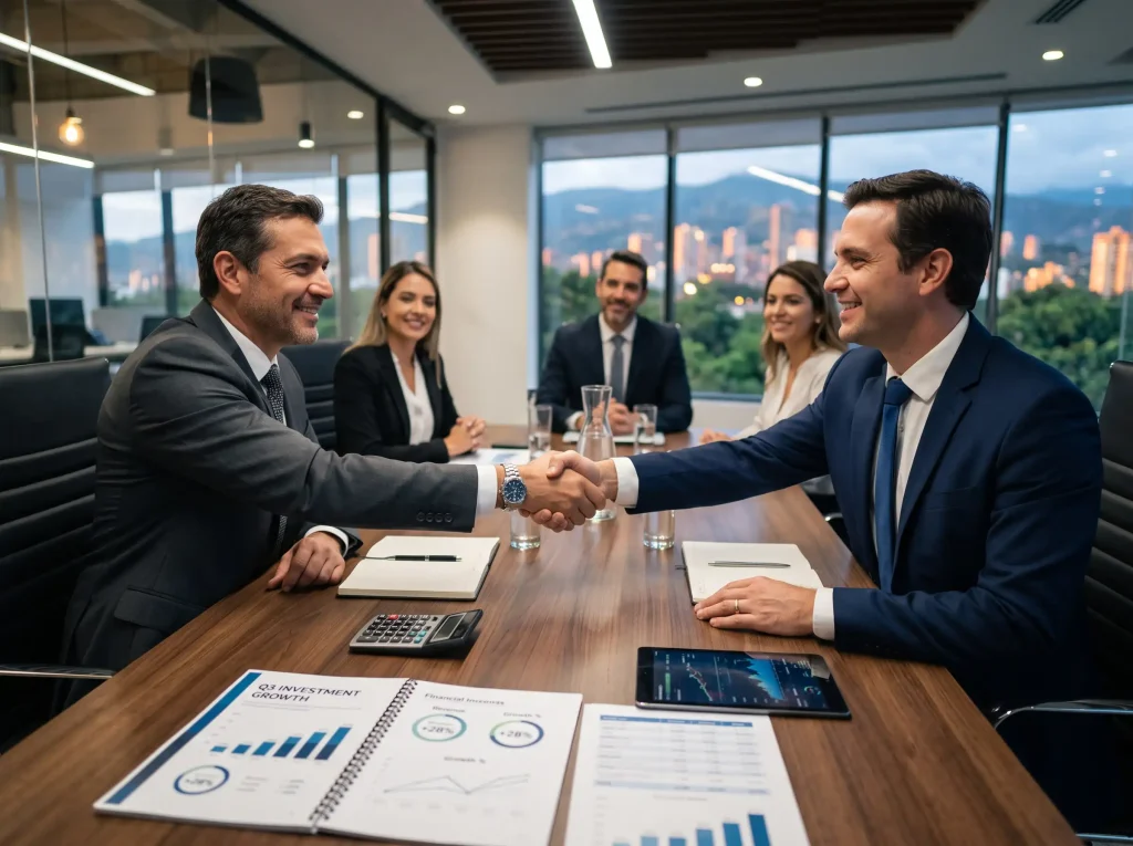 Consultor explicando estrategia de inversión a cliente en sala de juntas.