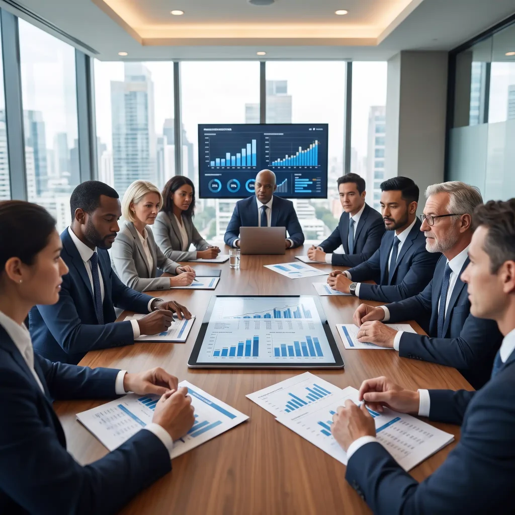 Consultor explicando estrategia de inversión a cliente en sala de juntas.