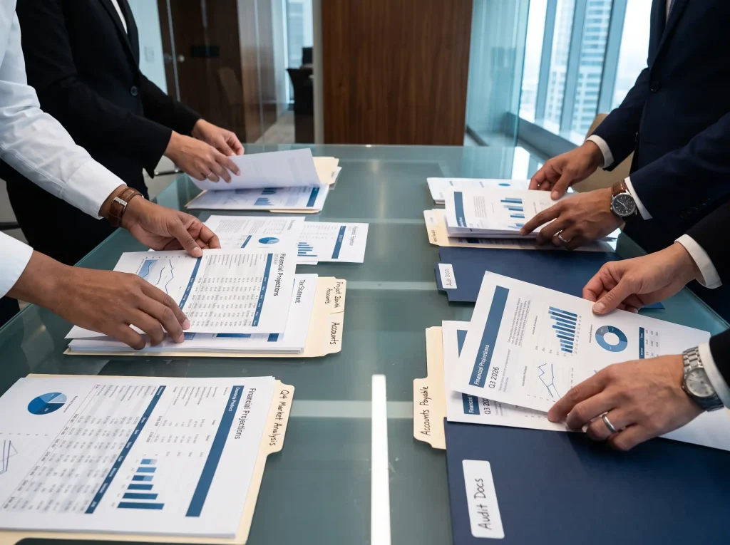 Equipo analizando documentos y estados financieros.